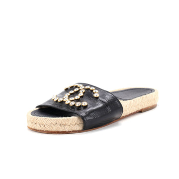 Chanel Women's CC Espadrille Slide Sandals Embellished Leather