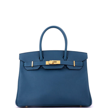 Hermes Birkin Handbag Blue Epsom with Gold Hardware 30