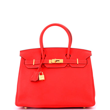 Hermes Birkin Handbag Red Clemence with Gold Hardware 30
