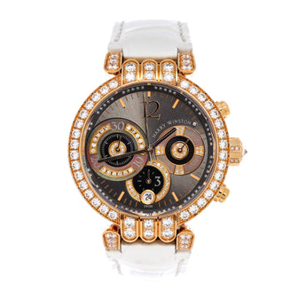 Harry Winston Premier Chronograph Automatic Watch Rose Gold and Alligator with Diamond Bezel, Dial and Lugs and Grey Mother of Pearl 39