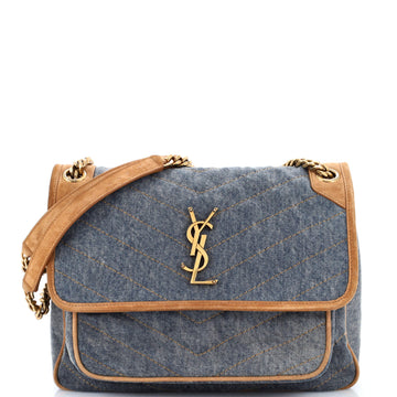 Saint Laurent Niki Chain Flap Bag Matelasse Chevron Denim with Suede Medium