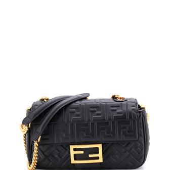 Fendi Midi Baguette Chain Bag Zucca Embossed Leather Medium