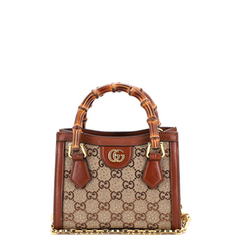 Gucci Diana NM Bamboo Handle Tote Crystal Embellished GG Canvas Mini