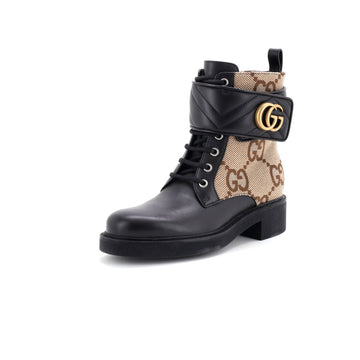 Gucci Women's GG Marmont Lace Up Ankle Boots Jumbo GG Canvas and Leather