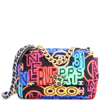 Chanel 19 Flap Bag Quilted Graffiti Print Fabric Medium