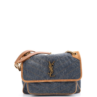 Saint Laurent Niki Chain Flap Bag Matelasse Chevron Denim with Suede Medium