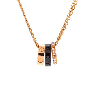 Cartier Love 3 Ring Pendant Necklace 18K Rose Gold and Ceramic with Diamonds