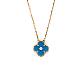 Van Cleef & Arpels Vintage Alhambra Pendant Necklace 18K Yellow Gold and Blue Sevres Porcelain with Diamond