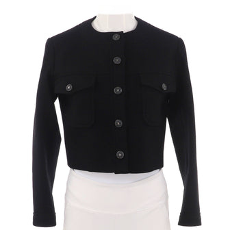 Chanel Women's CC Button Two Pocket Collarless Jacket Wool Blend