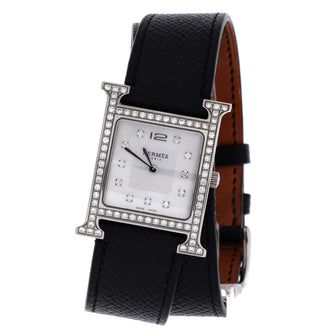 Hermes Heure H Quartz Watch Stainless Steel and Leather with Diamond Bezel and Markers and Mother of Pearl 26