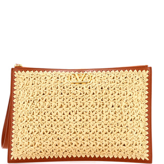 Valentino Garavani VLogo Wristlet Clutch Raffia and Leather Medium