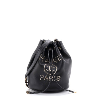 Chanel Deauville Drawstring Bucket Bag Studded Caviar Medium
