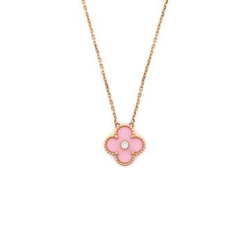 Van Cleef & Arpels Vintage Alhambra Pendant Necklace 18K Rose Gold and Pink Sevres Porcelain with Diamond