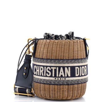 Christian Dior Drawstring Bucket Bag Wicker with Oblique Canvas
