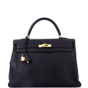 Hermes Kelly Handbag Black Clemence with Gold Hardware 35
