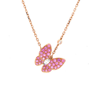 Van Cleef & Arpels Two Butterfly Pendant Necklace 18K Rose Gold with Pink Sapphires and Diamonds
