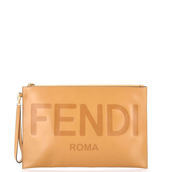 Fendi Logo Flat Wristlet Pouch Embossed Leather Large