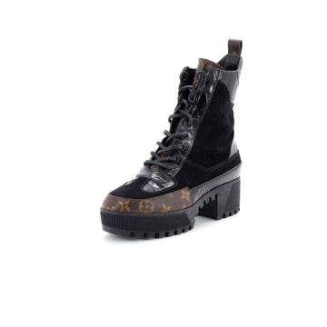 Louis Vuitton Women's Laureate Platform Desert Boots Suede with Monogram Canvas and Crocodile Embossed Patent