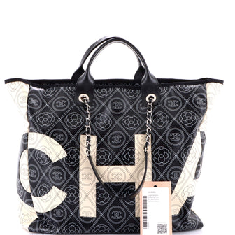 Chanel Logo Camellia Shopping Tote Printed Coated Canvas Medium