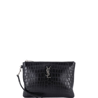 Saint Laurent Classic Monogram Wristlet Pouch Crocodile Embossed Leather Small
