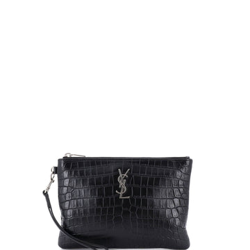 Saint Laurent Classic Monogram Wristlet Pouch Crocodile Embossed Leather Small