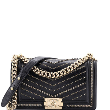 Chanel Boy Flap Bag Chevron Embellished Crumpled Calfskin Old Medium