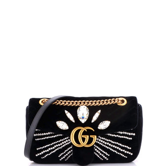 Gucci GG Marmont Flap Bag Crystal Embellished Matelasse Velvet Medium