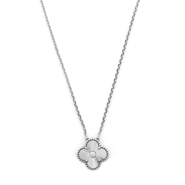 Van Cleef & Arpels Vintage Alhambra Pendant Necklace Guilloche 18K White Gold with Diamond