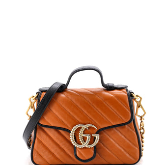 Gucci GG Marmont Top Handle Flap Bag Diagonal Quilted Leather Mini