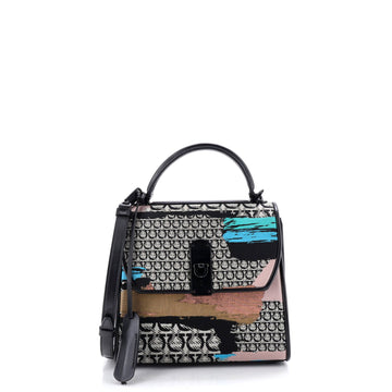 Salvatore Ferragamo Boxyz Top Handle Bag Printed Gancini Jacquard and Leather Small