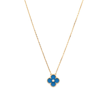 Van Cleef & Arpels Vintage Alhambra Pendant Necklace 18K Yellow Gold and Blue Sevres Porcelain with Diamond