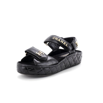 Chanel Women's Logo Velcro Strap Wedge Sandals Quilted Leather