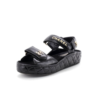 Chanel Women's Logo Velcro Strap Wedge Sandals Quilted Leather