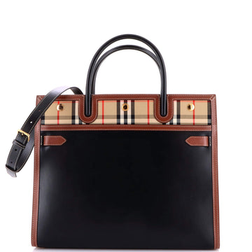 Burberry Title Two Handle Tote Leather with Vintage Check Canvas Medium