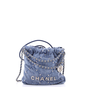 Chanel 22 Chain Hobo Quilted Studded Denim Mini