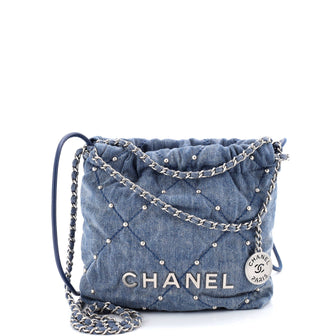Chanel 22 Chain Hobo Quilted Studded Denim Mini