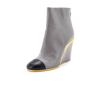 Chanel Women's CC Cap Toe Wedge Ankle Boots Leather