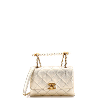 Chic Pearls Handle Flap Bag Quilted Shiny Lambskin Mini