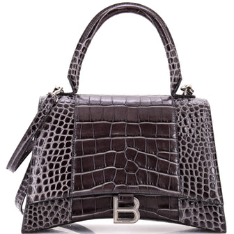 Balenciaga Hourglass Top Handle Bag Crocodile Embossed Leather Medium