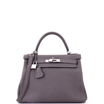 Hermes Kelly Handbag Grey Clemence with Palladium Hardware 28