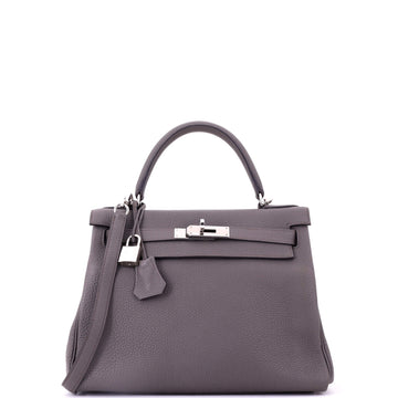 Hermes Kelly Handbag Grey Clemence with Palladium Hardware 28