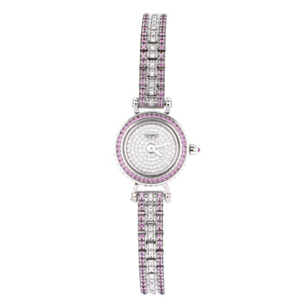 Hermes Faubourg Quartz Watch White Gold with Pave Diamond Bezel, Pink Sapphire with Diamond Dial and Bracelet 16