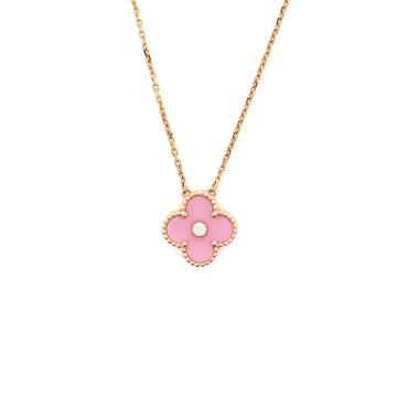 Van Cleef & Arpels Vintage Alhambra Pendant Necklace 18K Rose Gold and Pink Sevres Porcelain with Diamond