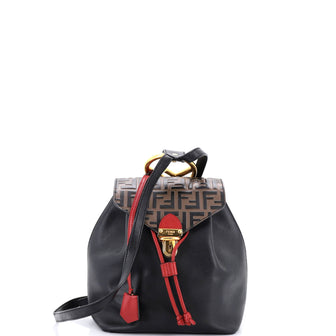 Fendi Drawstring Flap Backpack Leather with Zucca Embossed Detail Small