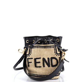 Fendi Mon Tresor Bucket Bag Logo Embroidered Raffia Mini