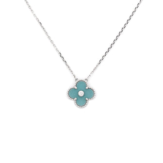 Van Cleef & Arpels Vintage Alhambra Pendant Necklace 18K White Gold and Green Celadon Sevres Porcelain with Diamond