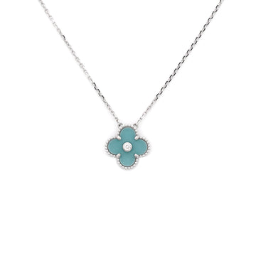 Van Cleef & Arpels Vintage Alhambra Pendant Necklace 18K White Gold and Green Celadon Sevres Porcelain with Diamond