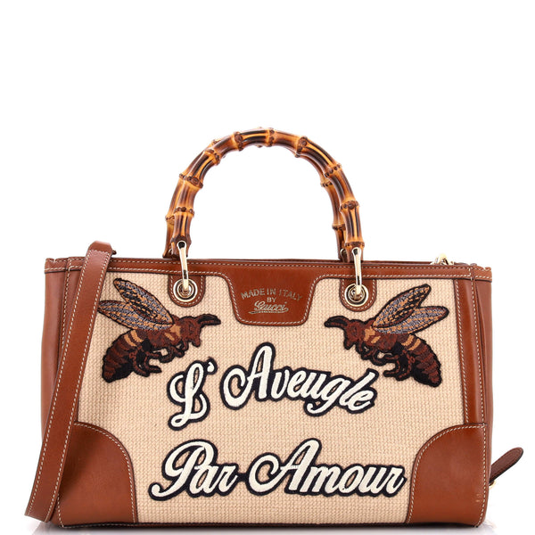 【メル27165】GUCCI  コラボレーション バッグ Gucci Bamboo Web Shopper Tote Embroidered Cross Stitch Canvas