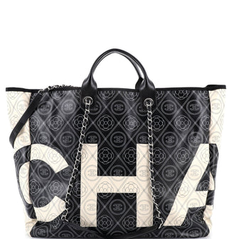 Chanel Logo Camellia Shopping Tote Printed Coated Canvas Large