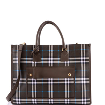 Burberry Freya Shopping Tote Check Coated Canvas with Leather Medium
